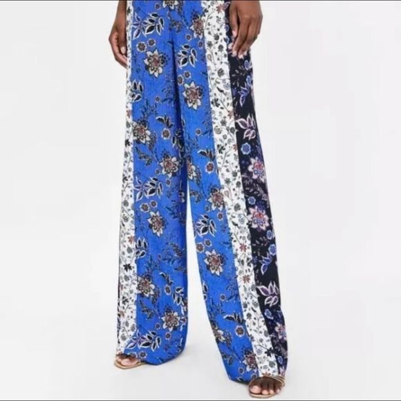 Zara Patchwork Wide Leg Pants with Elastic Waistband - Picture 4 of 10